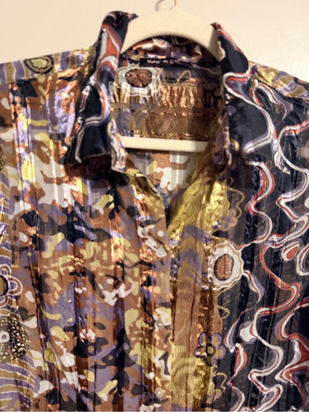 Metallic Abstract Sheer Button Up Blouse Y2K Artsy Euro Chic Top L - Picture 4 of 11
